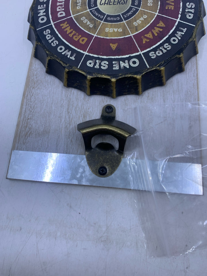 METAL BOTTLE CAP DART BOARD DRINKING GAME W/ BOTTLE OPENER + DARTS IN BAG.