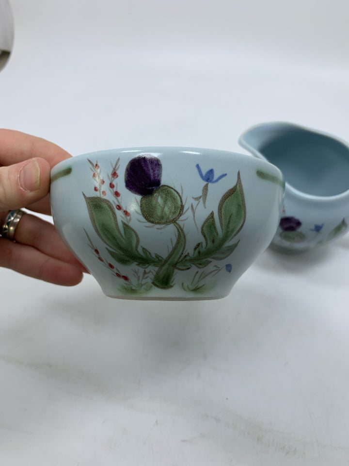 VTG LIGHT BLUE STONEWARE PAINTED FLORAL SUGAR/CREAMER SET.
