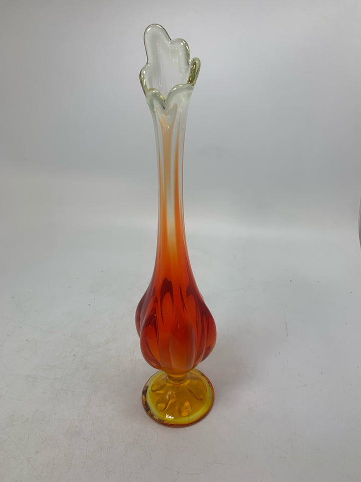 VTG VIKING ART GLASS AMBERINA FOOTED VASE.