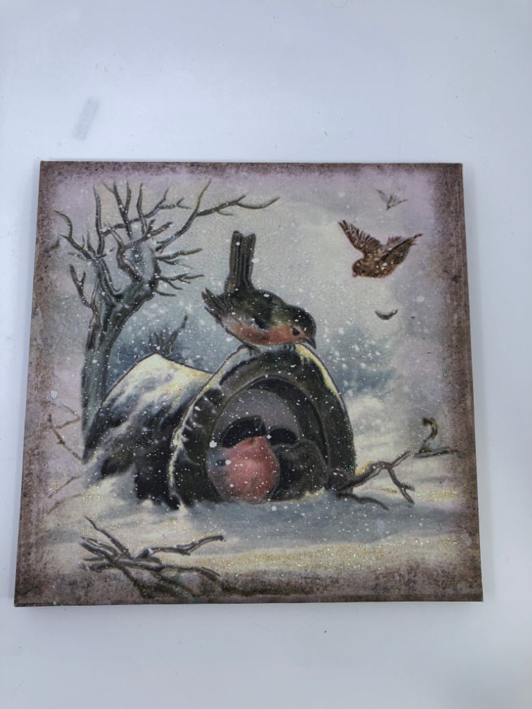 WINTER BIRDS NEST CANVAS WALL ART.