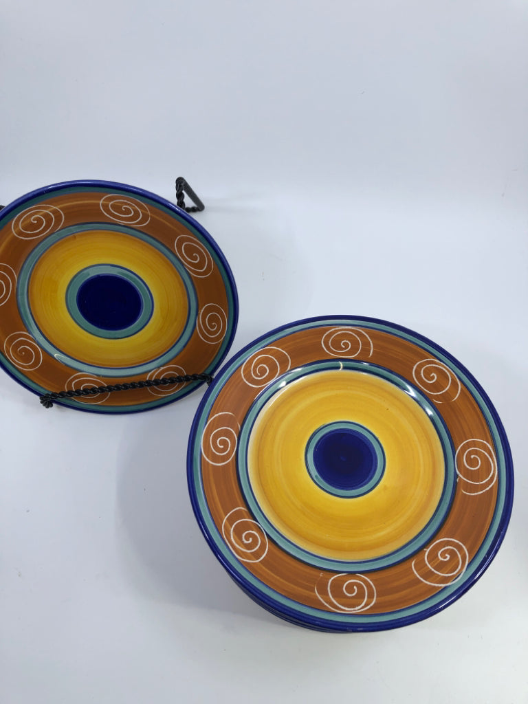 8 BLUE BROWN/TEAL/GOLD DESIGN DESSERT PLATES.