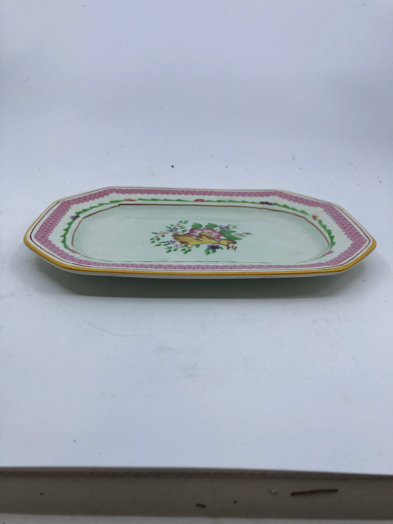 2 VTG NESTING GREEN W PINK FLORAL TRAYS- CALYX WARE.