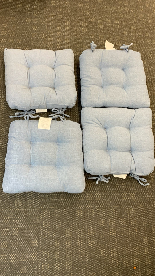 4 LIGHT BLUE CHAIR CUSHIONS.