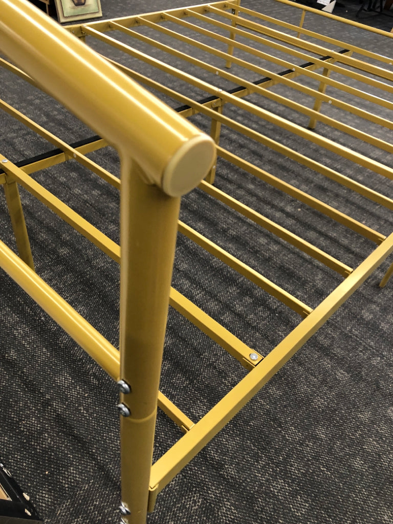 BRASS COLORED METAL QUEEN BED FRAME.