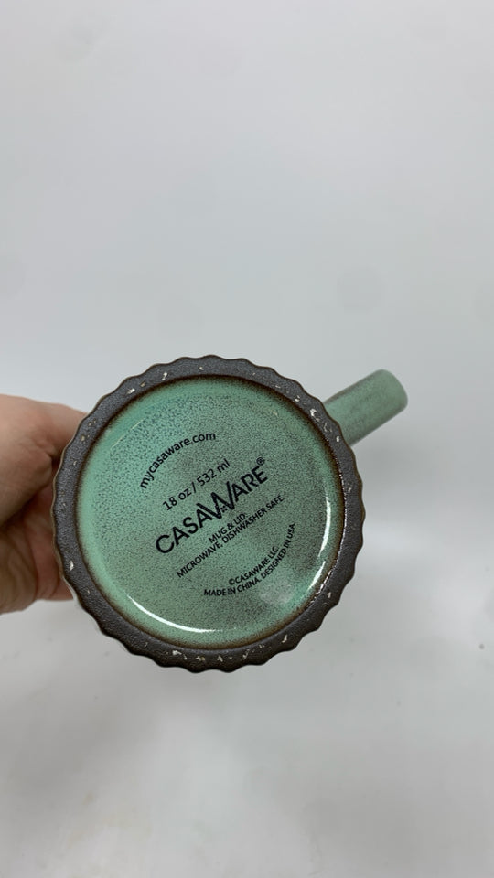 TEAL GLAZE RIBBED POTTERY MUG.