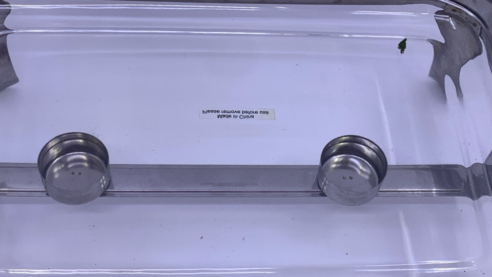 SILVER METAL RECTANGLE CHAFING DISH W GLASS INSERT AND LID.