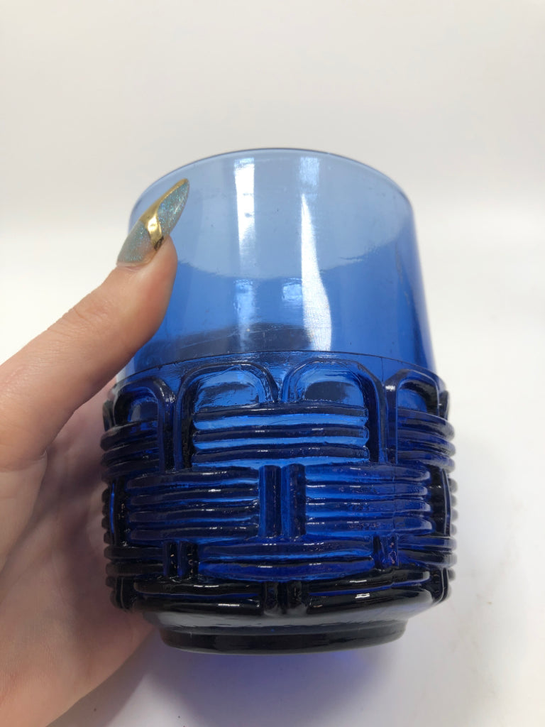 4 BRAIDED BLUE GLASS TUMBLERS.