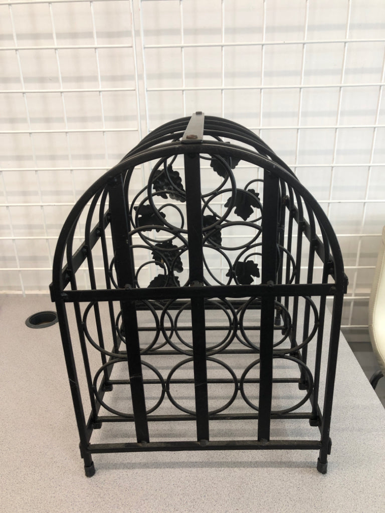 9 BOTTLE BLACK METAL WINE RACK W GRAPES.