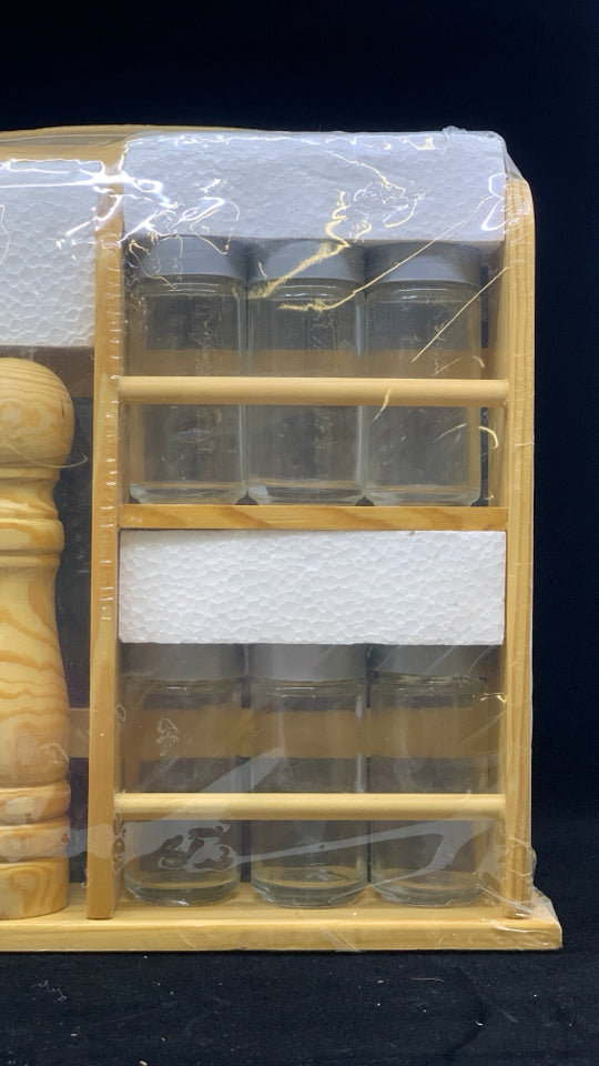 NIP BLONDE WOOD GIFT SET-SALT & PEPPER SHAKERS, 6 SPICE JARS, AND SHELF.
