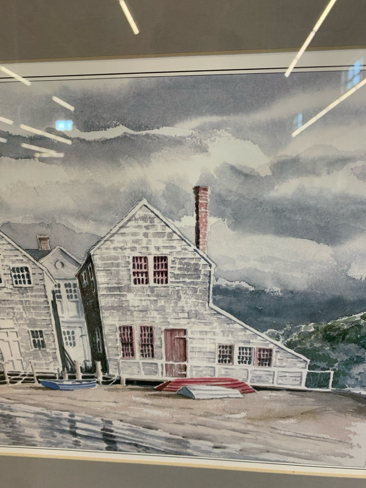 BOAT HOUSE PRINT W/SILVER FRAME.