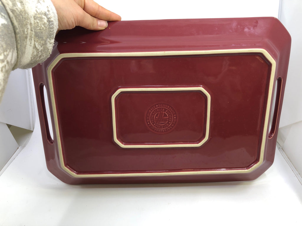 MAROON LONGABERGER POTTERY TRAY.