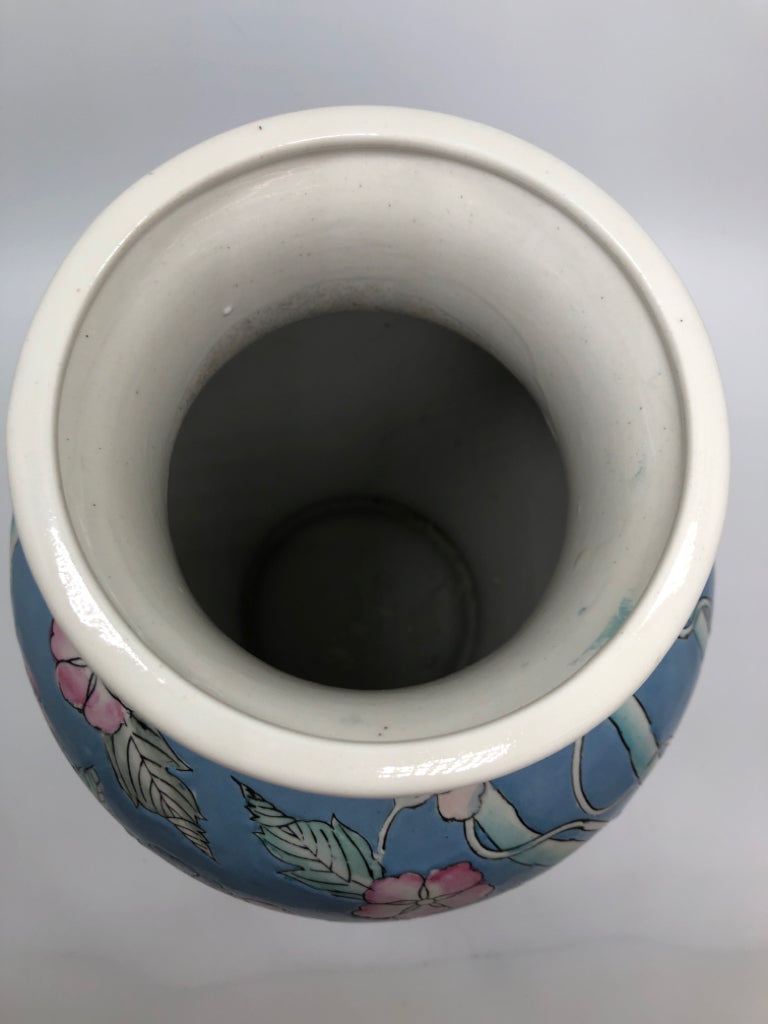 BLUE CERAMIC VASE W/PAINTED BIRDS AND FLOWERS.