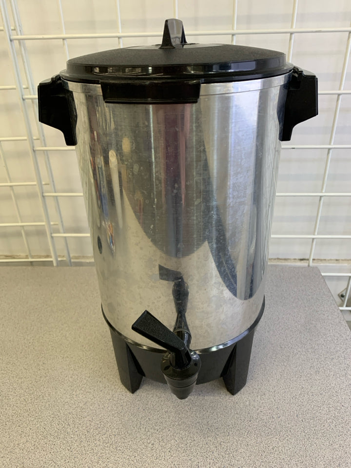 LARGE URN METAL AND BLACK COFFEE MAKER.