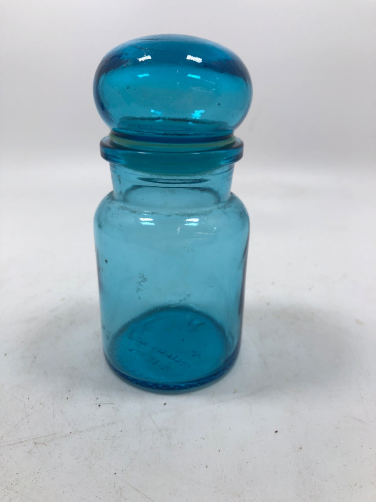 SM BLUE GLASS CANISTER W/BULB LID.