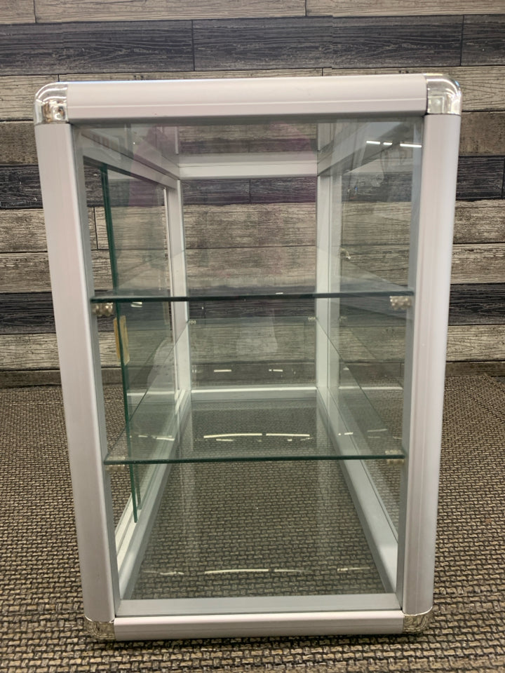 GLASS DISPLAY CASE- SLIDING DOORS, 2 SHELVES.