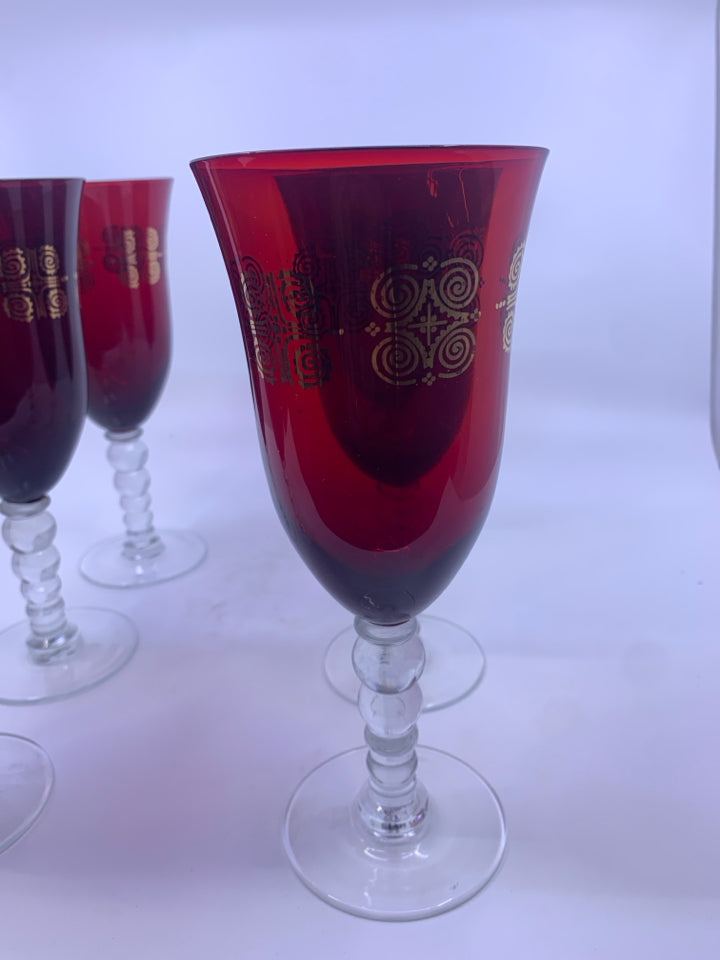 6 RED WITH GOLD DETAIL WINE GLASSES.