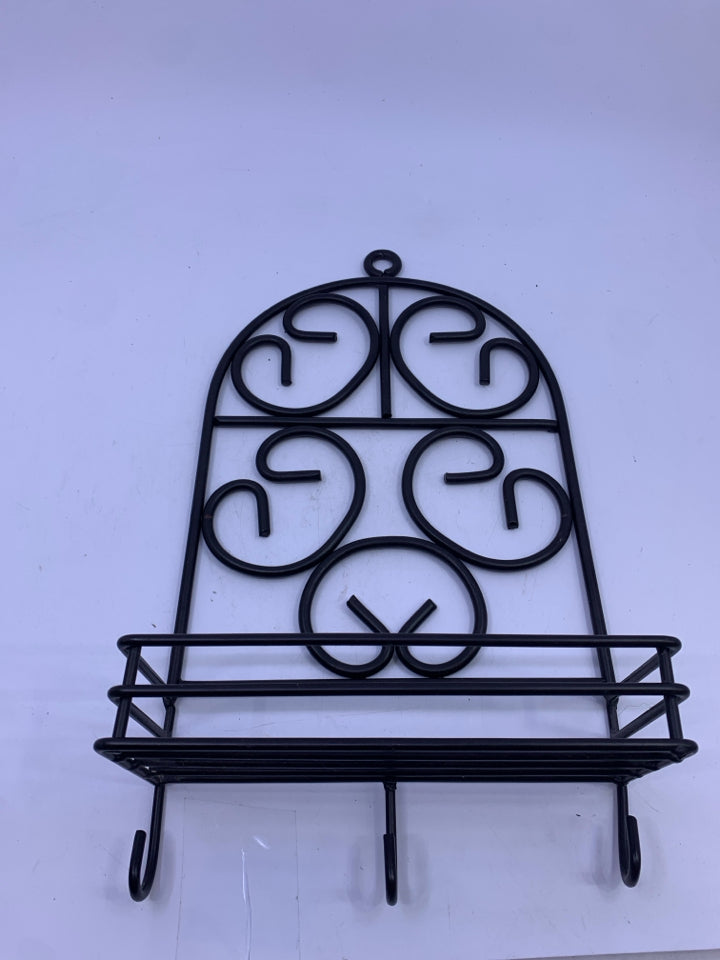 BROWN METAL ARCH SCROLL HANGING SMALL SHELF W/ 3 HOOKS.
