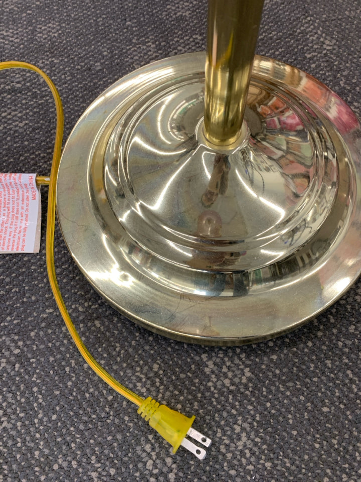 SWING ARM FLOOR LAMP WITH FABRIC SHADE.