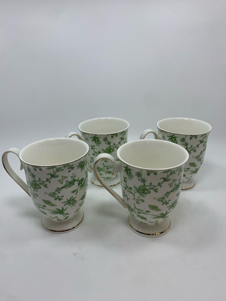 4 GREEN FLORAL MONTEREY BAY MUGS.