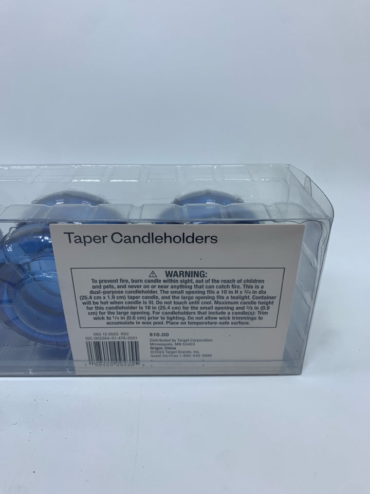 NIP BLUE GLASS TAPER CANDLE HOLDERS.