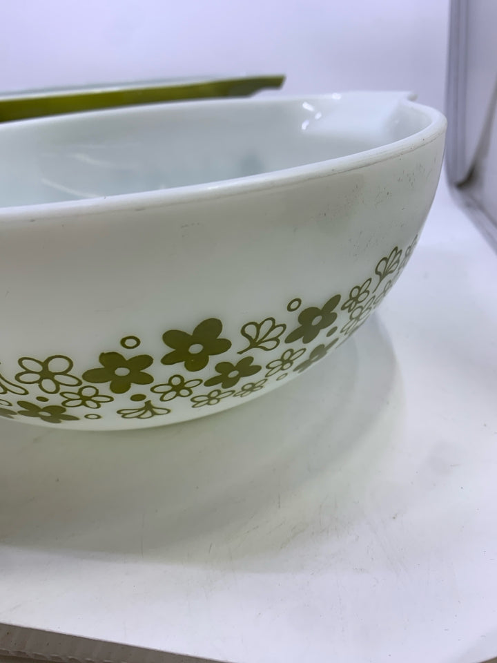 3 VTG GREEN/WHITE CINDERELLA HANDLES BOWLS.