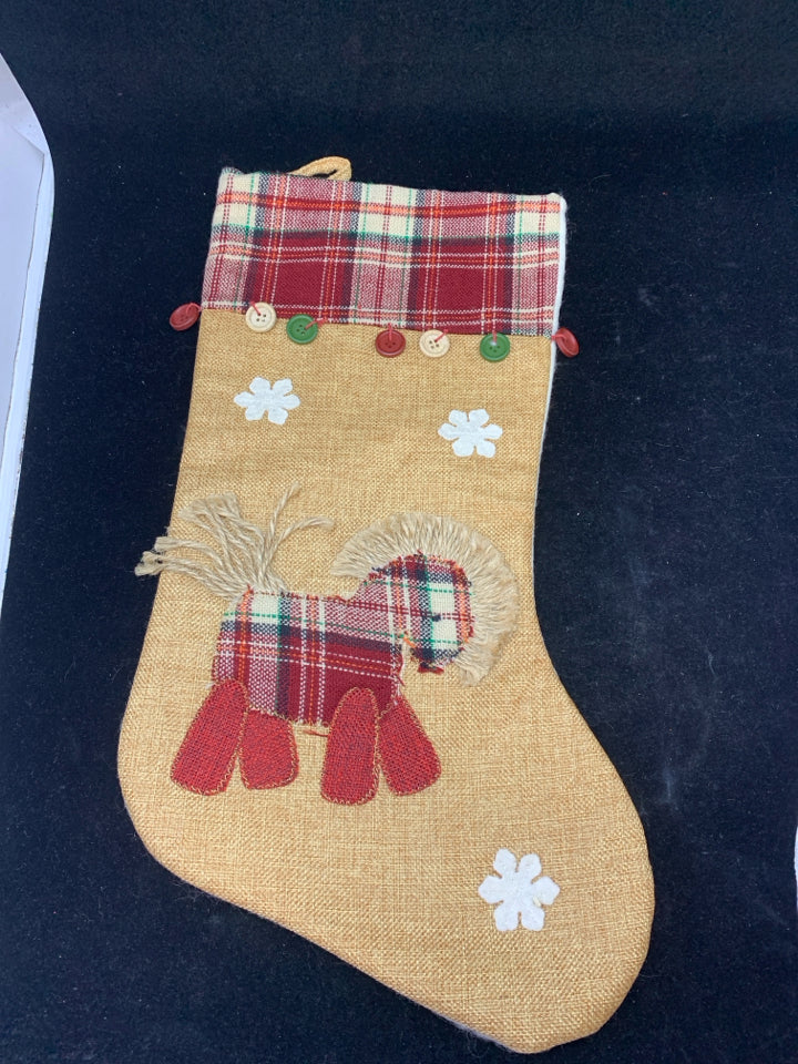 PLAID STITCHED HORSE ON TAN STOCKING W/ BUTTONS.