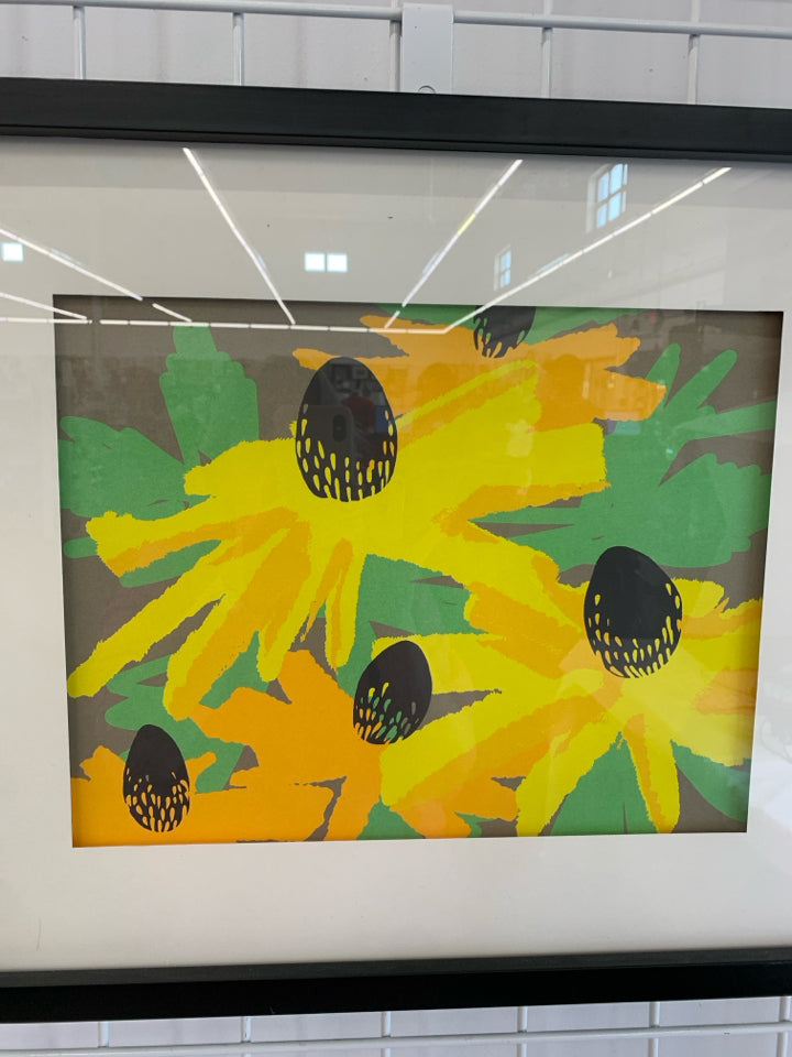 ABSTRACT SUNFLOWER PRINT IN BLACK FRAME.