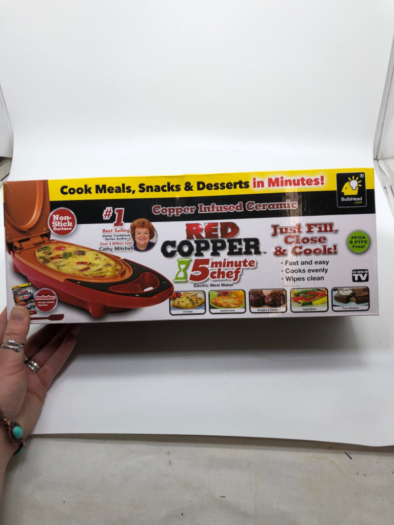 NIB RED COPPER ELECTRIC MEAL MAKER.