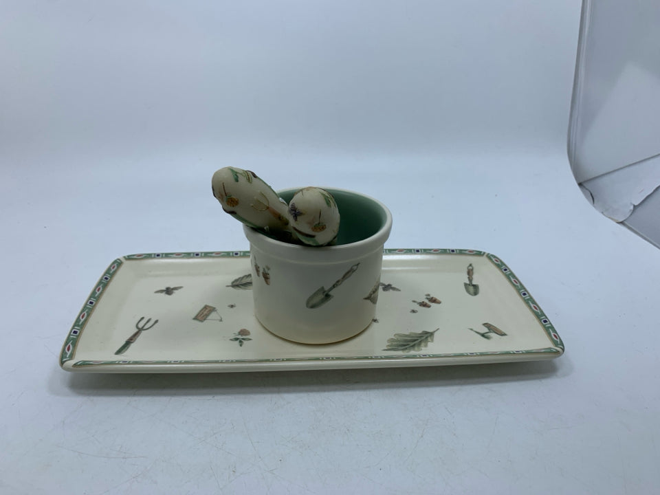 4 PC CHEESE PLATE W/ BOWL & 2 SPREADERS GARDEN THEMED.