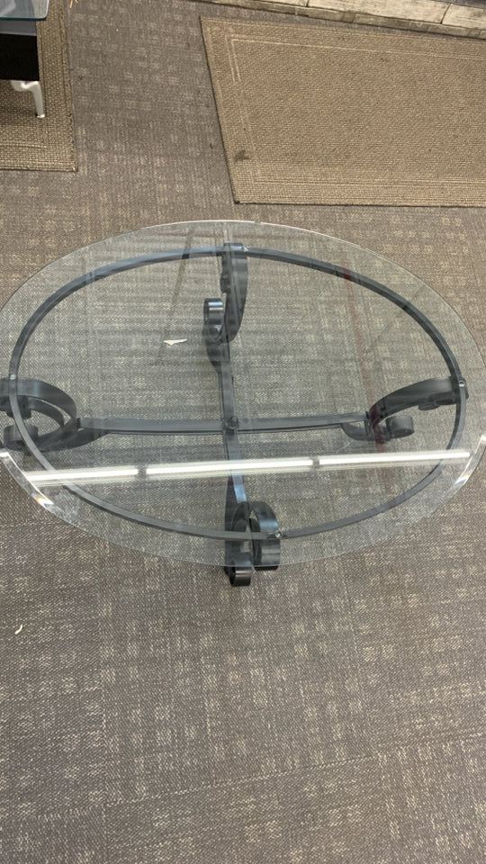 GLASS TOP METAL SCROLL COFFEE TABLE.