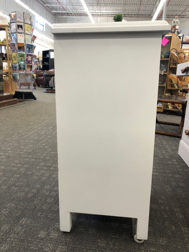 WHITE WOOD NIGHT STAND W/3 BLACK DRAWERS.