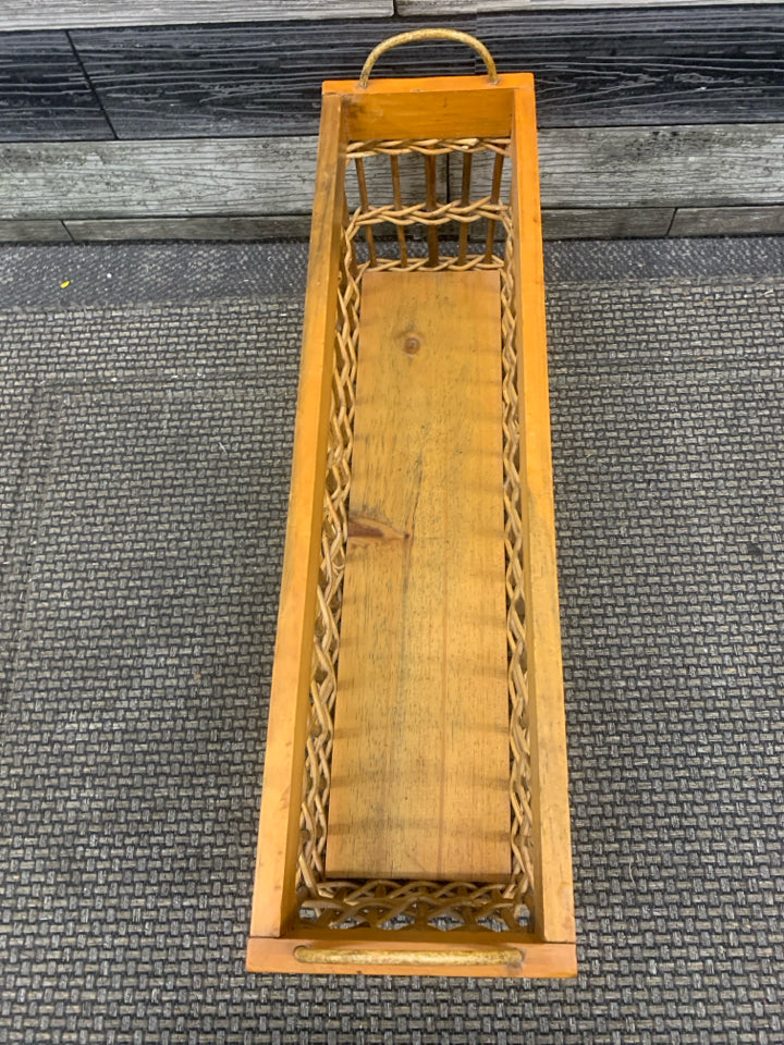 WOOD RECTANGLE BASKET W METAL HANDLES.