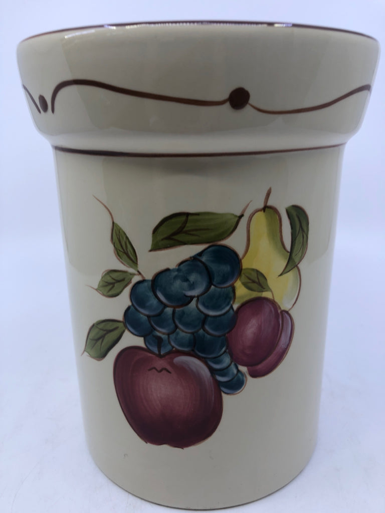 YELLOW FRUIT PAINTED UTENSIL CROCK.