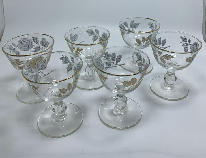 6 VTG GOLD-RIMMED SHERBET GLASSES W/FLOWER DESIGN.