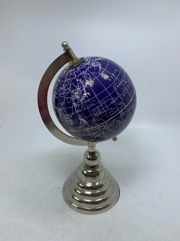 SILVER METAL STAND W/ COBALT BLUE GLOBE.