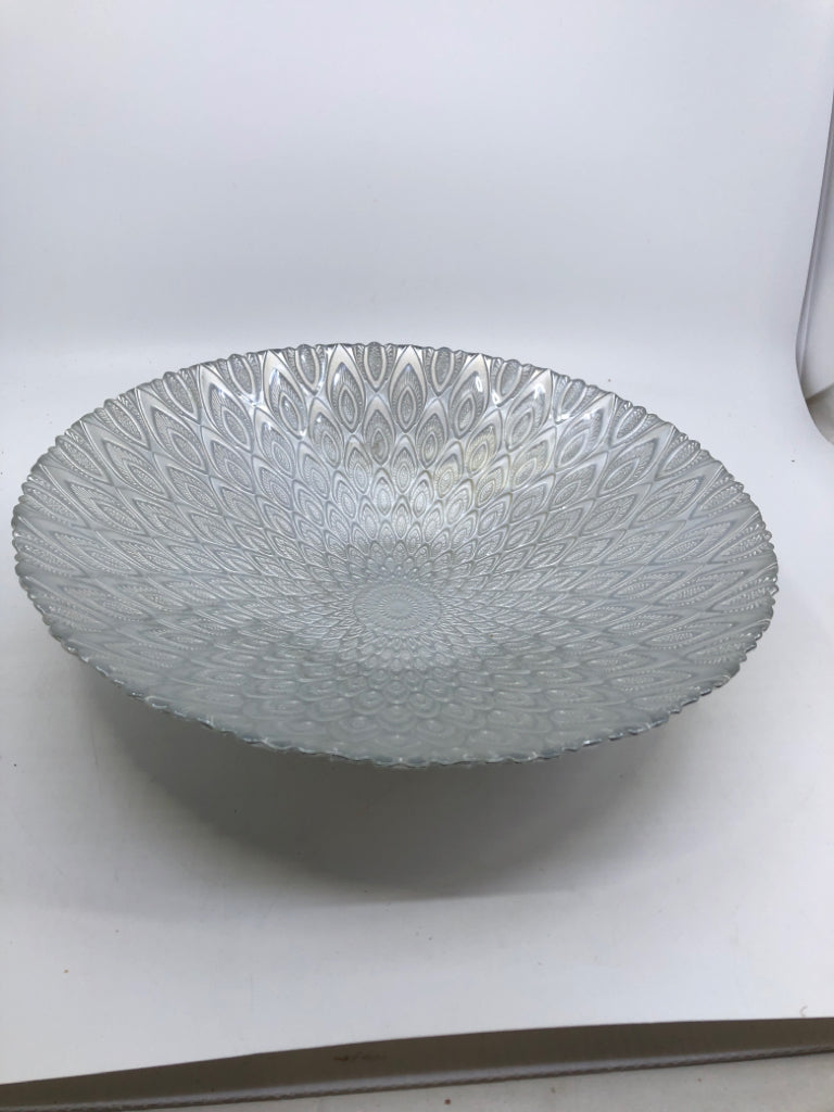 SILVER GLASS BOWL W/ TEAR DROP DESIGNS UNEVEN EDGE.