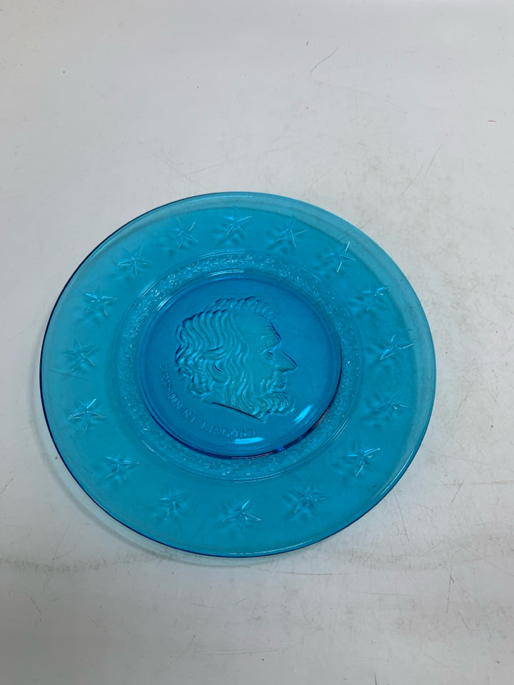 VTG BLUE GLASS PRESIDENT LINCOLN PLATE.