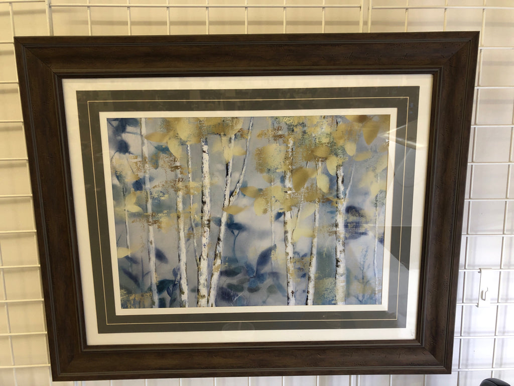 BIRCH TREE BLUE AND GOLD FRAMED PRINT.