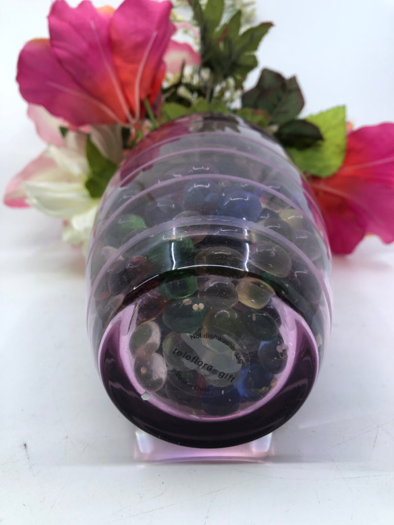 PINK AND WHITE FAUX FLORAL IN PINK VASE.