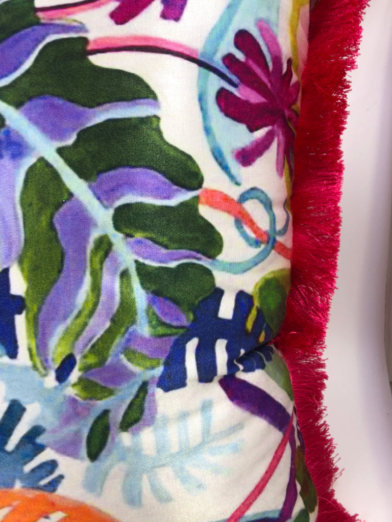 BRIGHT PINK DECORATIVE PILLOW W/FLOWERS AND FRINGE.