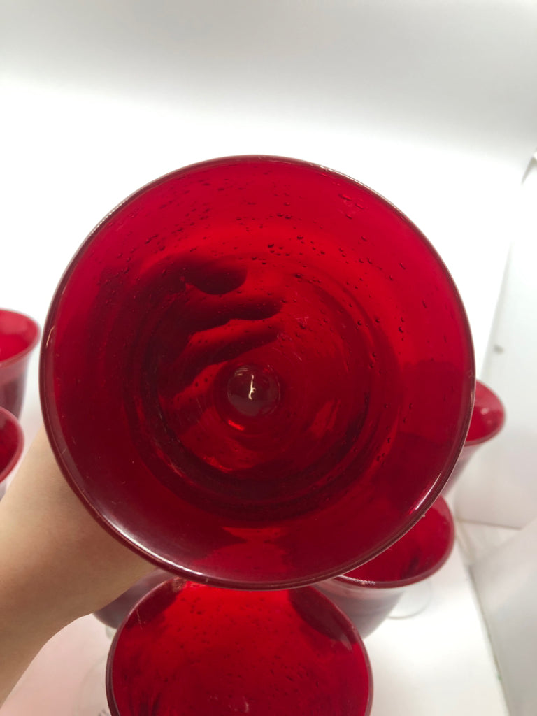 10 RED BUBBLE GLASS GOBLETS.