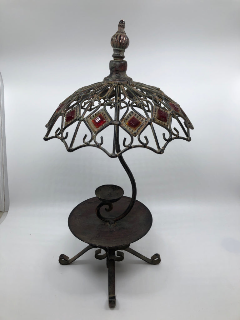 UMBRELLA/RED GEM CANDLE HOLDER W/METAL TRAY BASE.