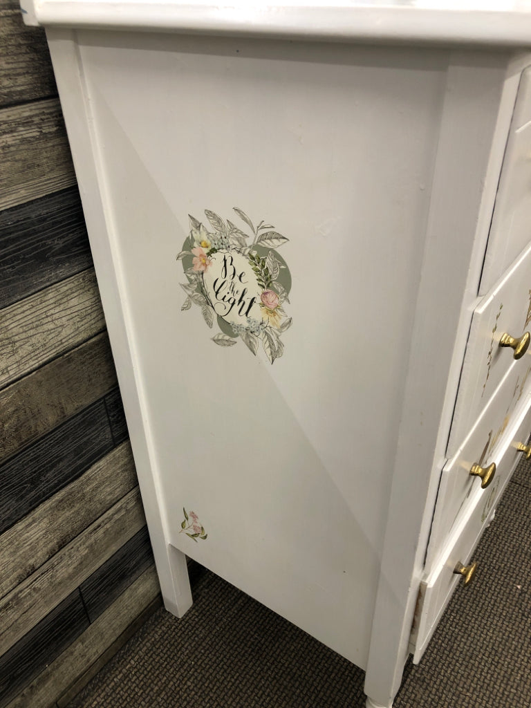 SMALL 4 DRAWER REFURBISHED DRESSER W/ BIRD + NESTS DETAILS GOLD HARDWARE.