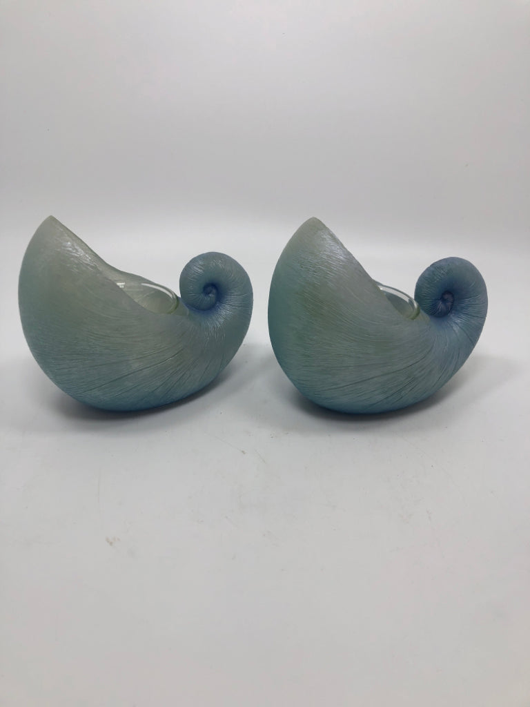 2 BLUE GLASS SEASHELL VOTIVE HOLDERS.