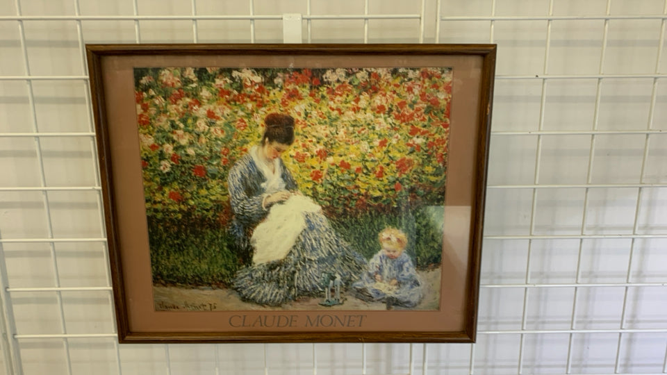 CLAUDE MONET WOMAN AND CHILD PRINT IN BROWN FRAME.