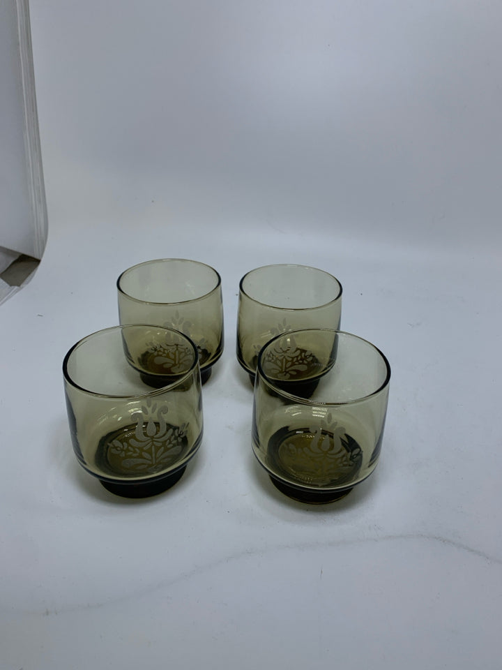 4 SHORT "VILLAGE" STACKING SMOKEY BROWN GLASSES.