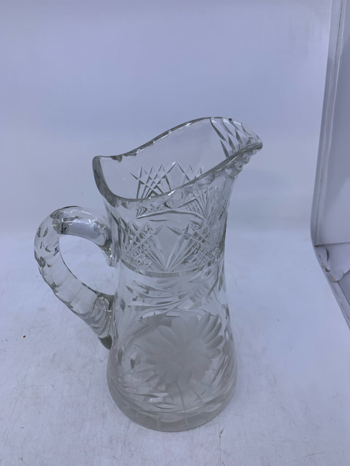 HEAVY GLASS LARGE PITCHER W/ ETCHED FLOWERS.