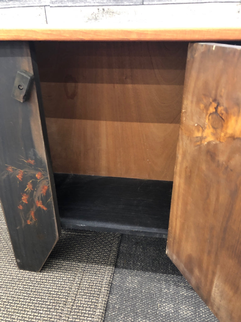 SMALL BLACK PAINTED BASKET CABINET/BENCH.
