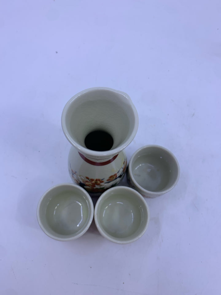 4 PC RED FLORAL SAKE SET.