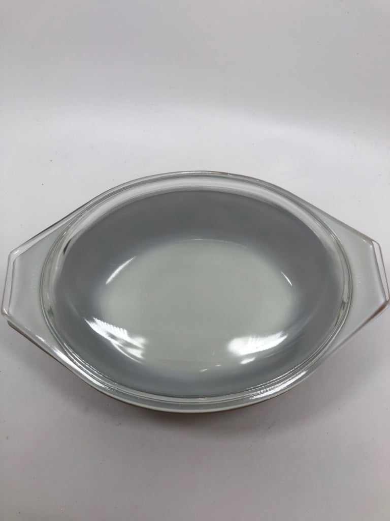VTG PYREX EARLY AMERICAN BROWN GOLD CASSEROLE DISH W/LID.